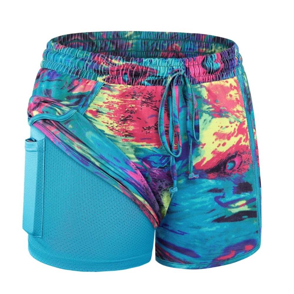 Blevonh Rainbow Peacock Yoga Running Shorts 2 in 1 Workout Athletic Shorts 2XL